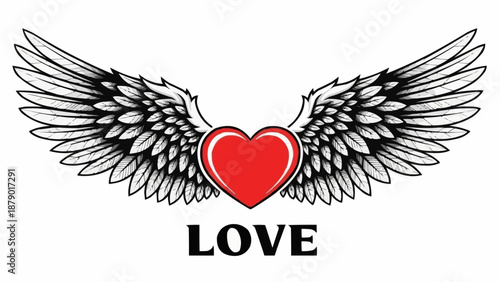 Red Heart With Angel Wings and Love Text.