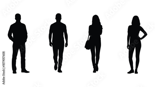 Silhouettes of four individuals isolated on white background, Vector