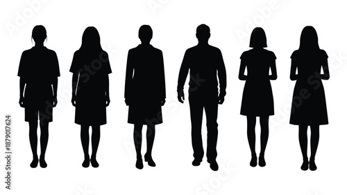Silhouettes of six individuals isolated on white background, Vector