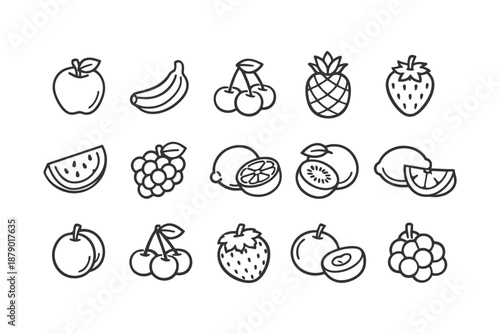Collection of outline fruit icons including apple, banana, cherry, pineapple, strawberry.
