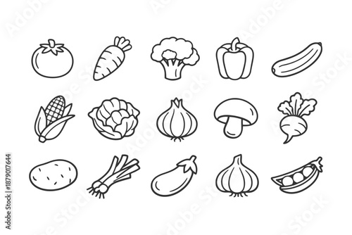 Black outline icons of various vegetables on white background.