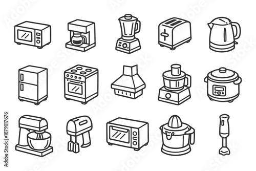 Collection of kitchen appliances: toaster, blender, mixer, coffee maker, oven, fridge, kettle.