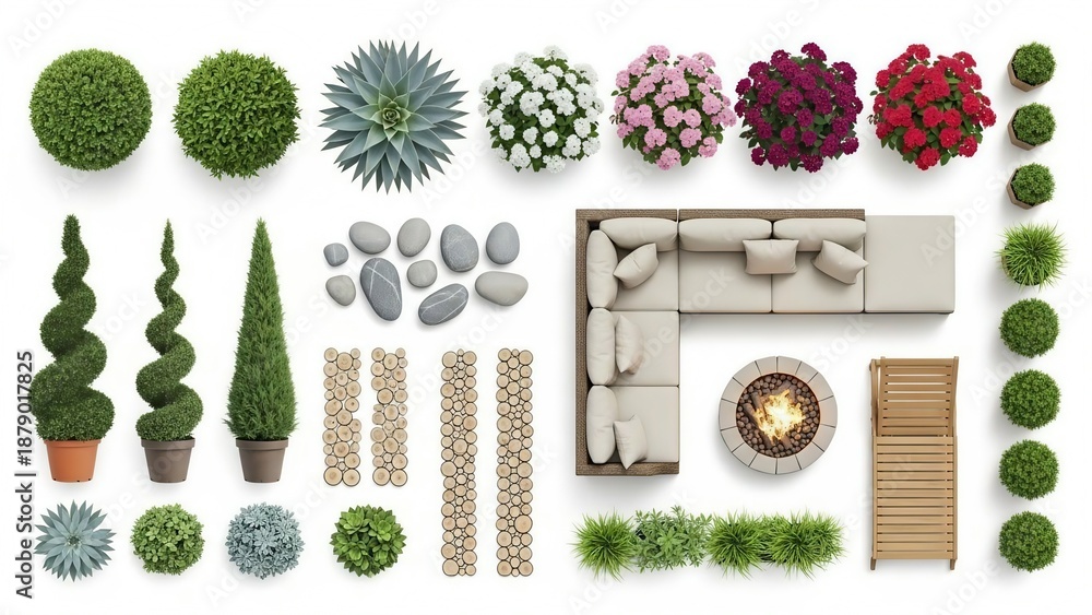 Fototapeta premium Top View Garden Furniture with Plants and Fire Pit on White Background