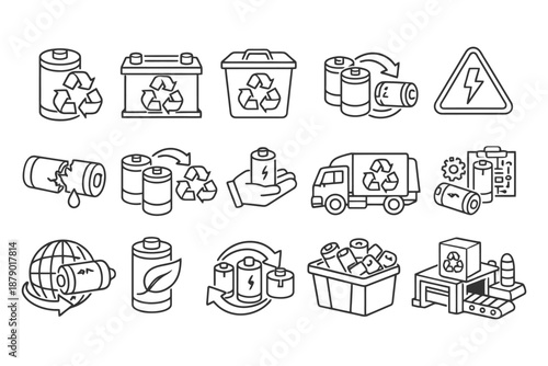 Battery recycling icons set: eco-friendly energy and environmental symbols.