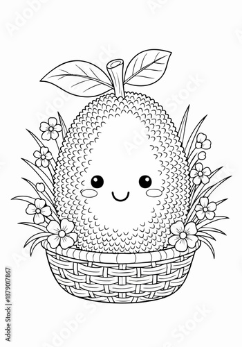 Cute Jackfruit Character in Basket Coloring Page for Kids.
