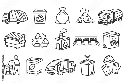 Waste management and recycling line icons collection for environmental sustainability.