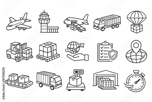 Vector icons of freight and logistics with airplanes, trucks, and warehouses.