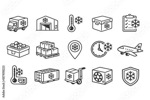 Cold chain logistics icons featuring transport, storage, and delivery elements.
