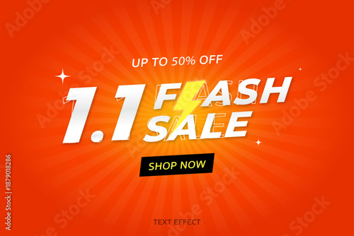 Bright and eye-catching flash sale vector banner design featuring a bold “1.1 Flash Sale” text with a lightning bolt icon. The background uses an energetic orange sunburst radial pattern
