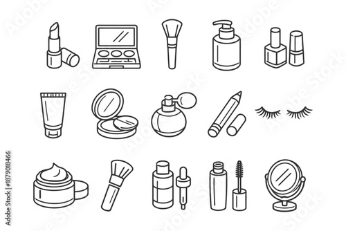 Line art makeup collection featuring cosmetics and beauty tools.