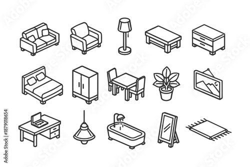 Isometric line art home furniture set with sofa chair table and lamp.