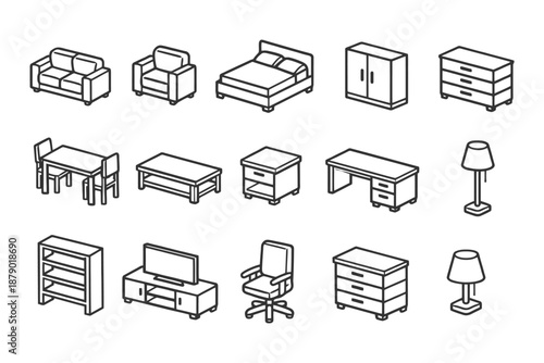 Isometric furniture icons: sofa, bed, chair, desk, wardrobe, lamp, table, and more.