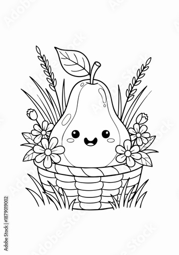 Cute pear in a basket with flowers and grass, smiling happily.