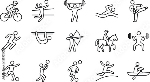 Black And White Vector Icon Set Of Athletic Silhouettes Featuring Stick Figures Cycling Weightlifting Swimming Martial Arts Soccer And Various Olympic Sports For Design