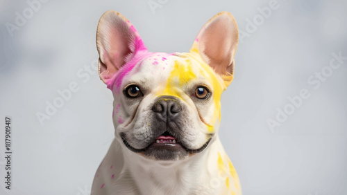 White French Bulldog with Colorful Gulal Powder Splashes Celebrating Holi Festival of Colors, Indian Cultural Celebration, Playful Pet Portrait, Bright Festive Mood, Joyful Holiday Concept
