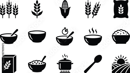 Black And White Vector Icon Set Of Agricultural Grains Featuring Wheat Corn Rice Bowls Cooking Pots And Farm Fields For Food Production And Design