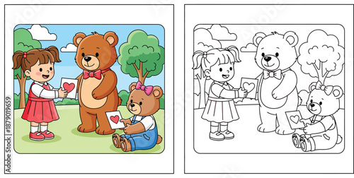 Cute cartoon girl giving a heart card to a brown bear with a bowtie. Happy child and teddy bears sharing Valentine's love notes in a park. Vector illustration for kids.