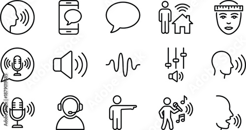 Black And White Vector Icon Set Of Voice Recognition Features Including Microphones Sound Waves Speech Bubbles And Audio Controls For Smart Home Technology Design
