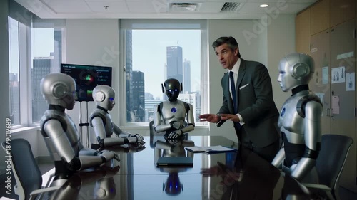 Wallpaper Mural Corporate executive briefing robotic team in high-rise office. Caucasian male manager conducting strategy session with humanoid artificial intelligence entities. Torontodigital.ca