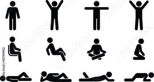 lack And White Vector Icon Set Of People Silhouettes Featuring Stick Figures In Various Poses Including Standing Sitting Lying Down And Meditating For Social Design