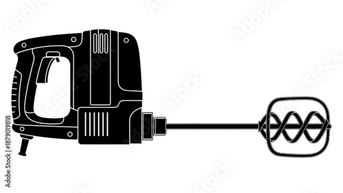 Electric Paint Mixer Tool for Stirring Liquids and Building Materials, Isolated White Background.