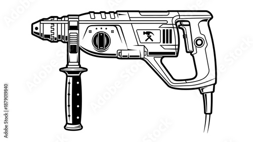 Heavy Duty Rotary Hammer Drill for Concrete and Masonry Work, Isolated White Background.