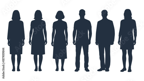 Silhouettes of six individuals isolated on white background, Vector