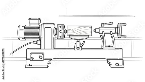 Woodworking Lathe Machine with Wood Piece for Turning and Shaping, Isolated White Background.