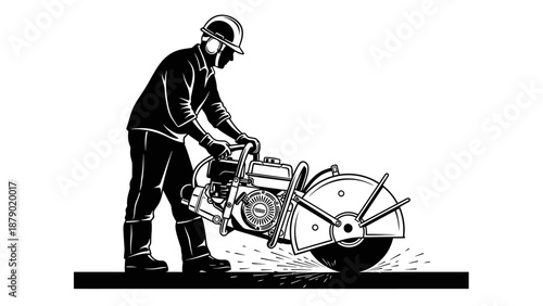 Construction Worker Operating Concrete Saw with Sparks Flying in Silhouette