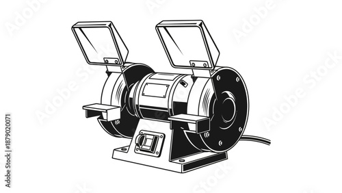 Electric bench grinder with safety shields for sharpening and grinding in a workshop setting on an isolated white background.