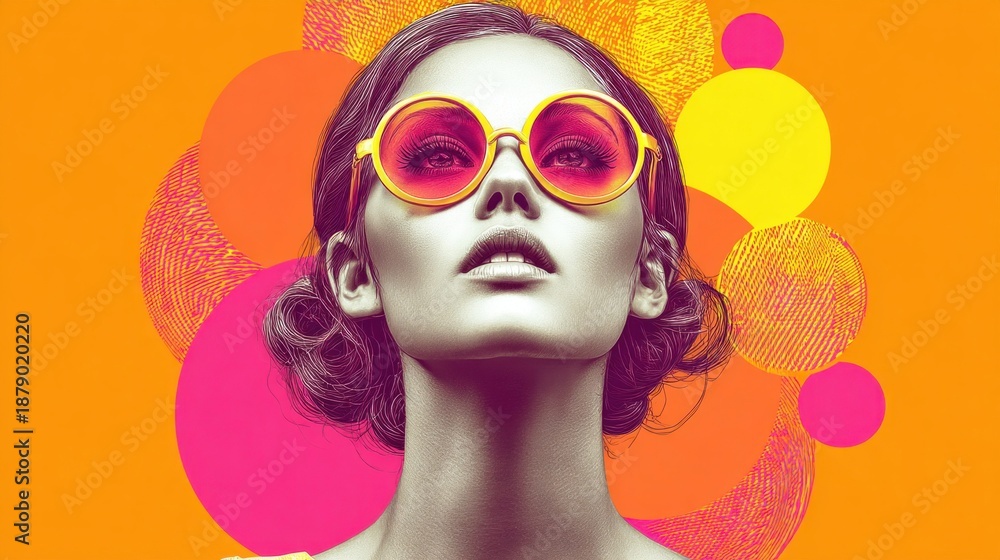 Fototapeta premium Stylish woman in sunglasses with an orange and pink abstract background