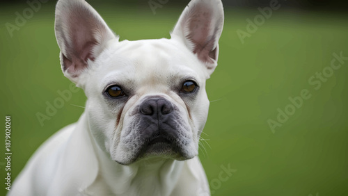 Close Up Portrait of White French Bulldog with Alert Ears and Expressive Face on Green Background, Cute Domestic Pet, Small Breed Dog, Calm Mood, Studio Style Animal Photography
