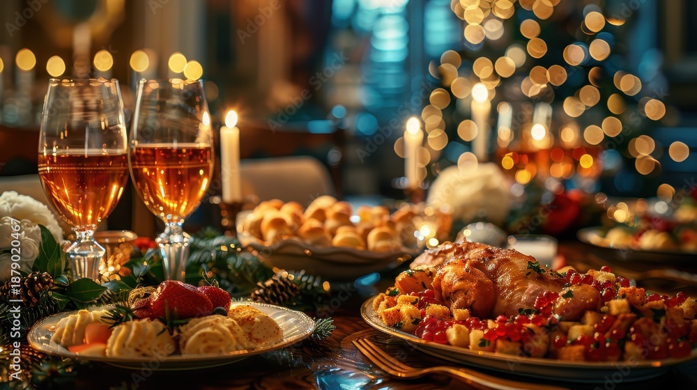 Fototapeta premium A beautifully decorated festive dinner table set for a celebration, complete with candles, gourmet food, and twinkling lights, capturing the warm spirit of togetherness during holidays.