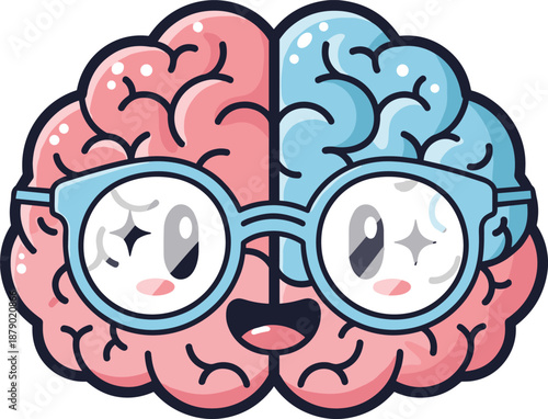 Kawaii cute brain cartoon character wearing glasses, human mind anatomy vector illustration, smart education mascot, creative thinking, mental health, psychology concept, pink blue brain.