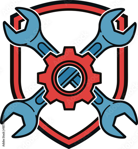Mechanic service badge with crossed blue wrenches and red gear, vector illustration for automotive repair shop logo, garage maintenance emblem, or industrial design.