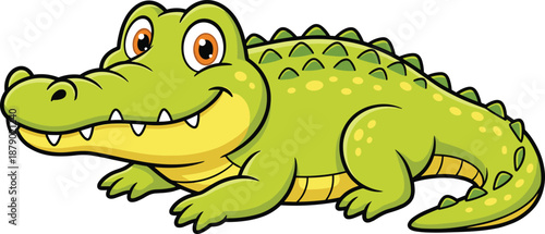 Cartoon crocodile character, friendly green reptile, smiling face, playful pose, children’s animal mascot, cute design - flat vector illustration