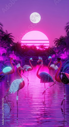 Group of stylish, bejeweled tropical birds gather in vibrant neon water under a full moon