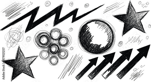 Energetic Ink Sketches of Stars, Arrows, Lightning Bolts, Spirals, and Scribbles Expressing Motion, Chaos, Creativity, and Abstract Emotion