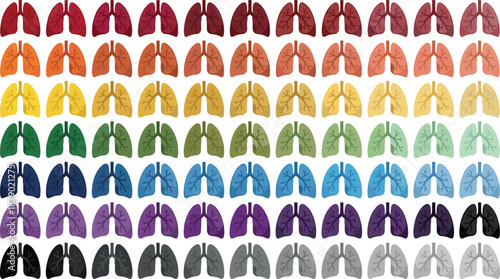 Colorful lung icon grid, respiratory organ set, medical diversity symbols, bronchi anatomy visuals - flat vector illustration