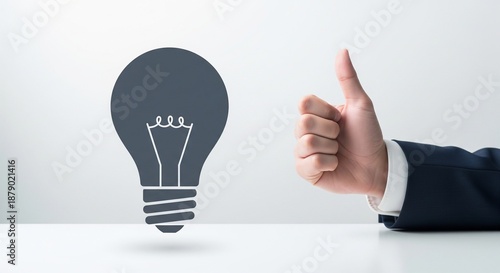 Businessman Showing Thumbs Up Gesture Next to Light Bulb Icon, Concept of Creative Thinking, Great Business Idea, Problem Solving, Innovation and Successful Project Approval