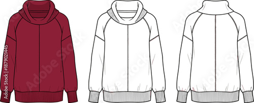 Vector technical flat sketch of a cowl neck sweatshirt, featuring raglan sleeves, ribbed cuffs, hem, and center seam, for loungewear apparel design, basic fashion template.