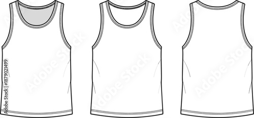 Vector technical flat sketch of a men's tank top, sleeveless vest, crew neck, basic athletic undershirt, for sportswear, apparel design, and fashion garment template.