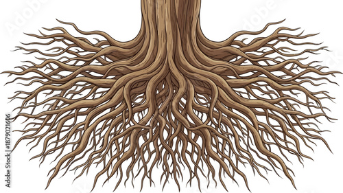 A powerful illustration of extensive tree roots spreading widely, revealing an intricate natural network against a pristine white background.