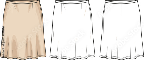 Vector technical flat sketch of a women's a-line flared skirt, featuring a simple high-waisted design, for apparel fashion template, garment mockup, and clothing drawing.
