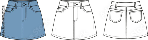 Vector technical flat sketch of a women's denim mini skirt, featuring high waist, button closure, pockets, for apparel design template, fashion drawing, and clothing mockup.