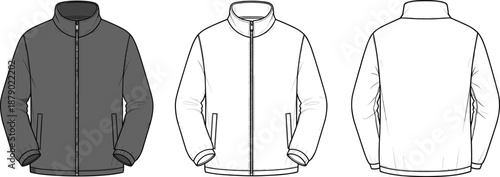 Vector technical flat sketch of a zip-up jacket, featuring mock neck, front zipper, side pockets, elastic cuffs, for sportswear, outerwear, apparel design, and fashion template.