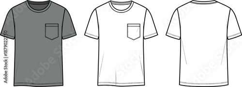 Vector technical flat sketch of crew neck pocket t-shirt, featuring short sleeves and chest pocket, for basic apparel design, sportswear, and fashion garment template.