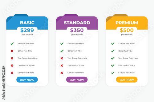 Modern Pricing Table with Basic, Standard, and Premium Subscription Plans