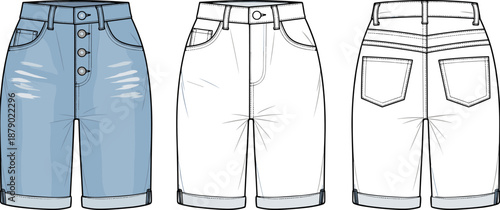 Vector technical flat sketch of high-waisted denim shorts, featuring button fly, rolled cuffs, front and back pockets, for apparel design template and fashion drawing.