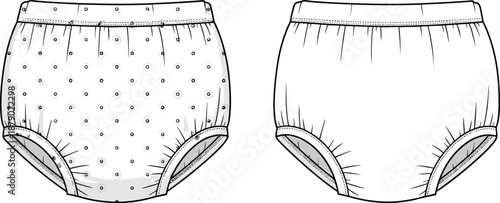 Vector technical flat sketch of high waisted polka dot bloomers, featuring elastic waistband and gathered leg openings, for intimate apparel design, fashion template, clothing mockup.